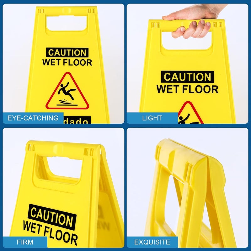 WOUSEDO 4-Pack Caution Wet Floor Sign,17.5" Height,Bright Yellow Double-Sided Folding A-Shaped Frame Design, Bilingual Caution Message - Image 5